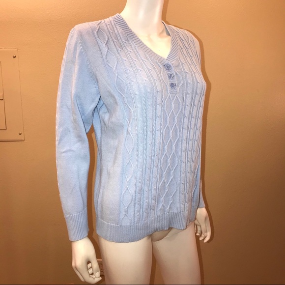 Karen Scott Knit Sweater Womens Size Medium Petite Blue Pullover V Neck Cotton - Picture 1 of 14